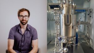 Arkeon cofounder Dr Gregor Tegl and pilot plant. Image credits: Arkeon